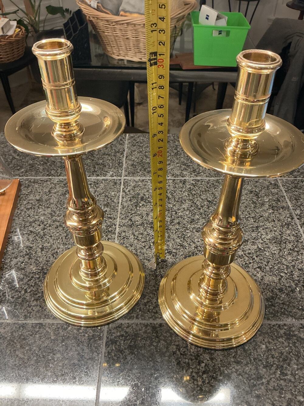 Vintage pair of gorgeous 13" Baldwin Heavy Brass Candlesticks with drip tray.